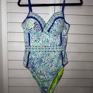 Lilly Pulitzer Palma One Piece Swimsuit Blue Ibiza 10 EUC